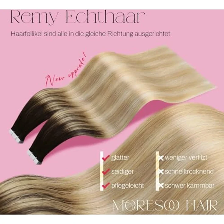 Moresoo Invisible Tape Extensions, 35 cm Echthaar Haarverlängerung in Dunkelbraun bis Karamellblond mit Platinblond, 20 Stück, 50g/Pack, seidig gerade #2/27/613 – Bild 2