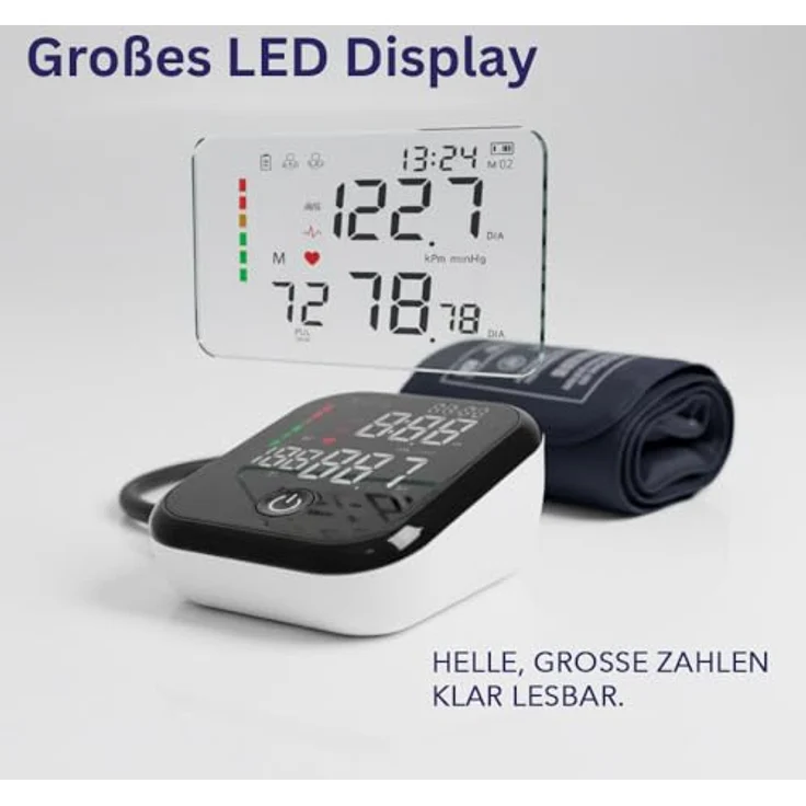 IEA Medical Blutdruckmessgerät Oberarm mit LED-Display, Arrhythmie-Warnung, 2x99 Speicher, Ampel-Farbskala, Manschette 22-42cm, USB-C – Bild 4