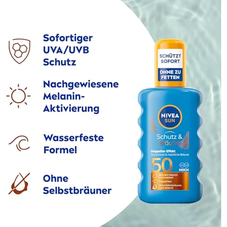 Nivea SUN Schutz & Bräune Spray LSF 50, 200ml, wasserfest, nicht fettend, Pro-Melanin-Extrakt – Bild 2