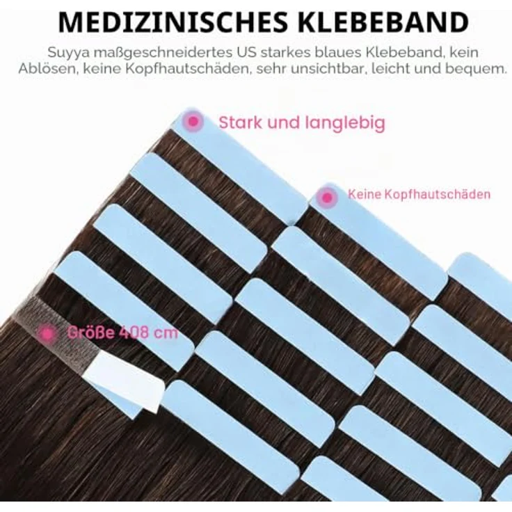 SUYYA Tape Extensions Echthaar 18 Zoll 45 cm, dunkelbraun, mit hochwertigem Remy-Haar und wiederverwendbarem Klebeband – Bild 3