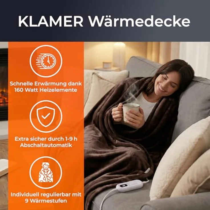 KLAMER Heizdecke mit Abschaltautomatik, 180x130 cm, waschbare Wärmedecke, 9 Temperaturen, Flanell – Bild 2