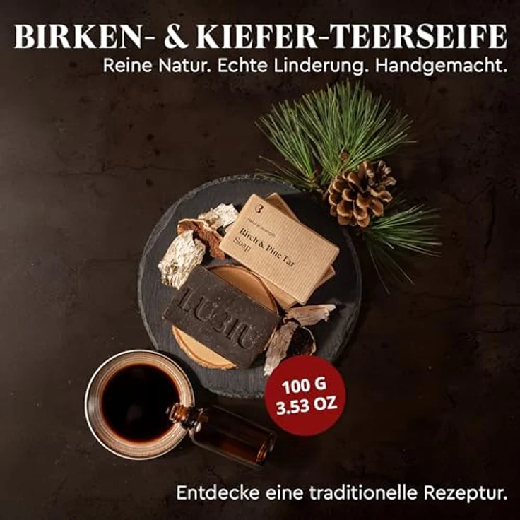 lubiu Teerseife mit Kiefernöl und Birkenteer, 100g – Handgemachte 3in1 Duschseife für Männer (Körper, Haare & Bart), reinigt gründlich und pflegt die Haut – Bild 2