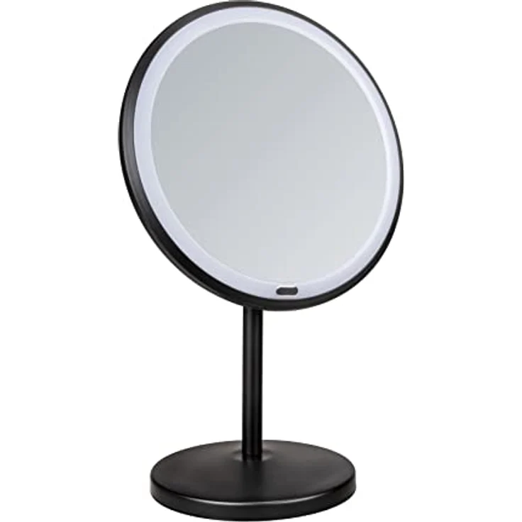 WENKO LED Stand-Kosmetikspiegel Onno, dimmbarer Spiegel mit LED-Beleuchtung und 5-fach Vergrößerung, Ein-/Ausschalten per Touch-Funktion, Betrieb mit Batterien oder USB-Kabel, 20x34x13,5 cm, Schwarz – Bild 4