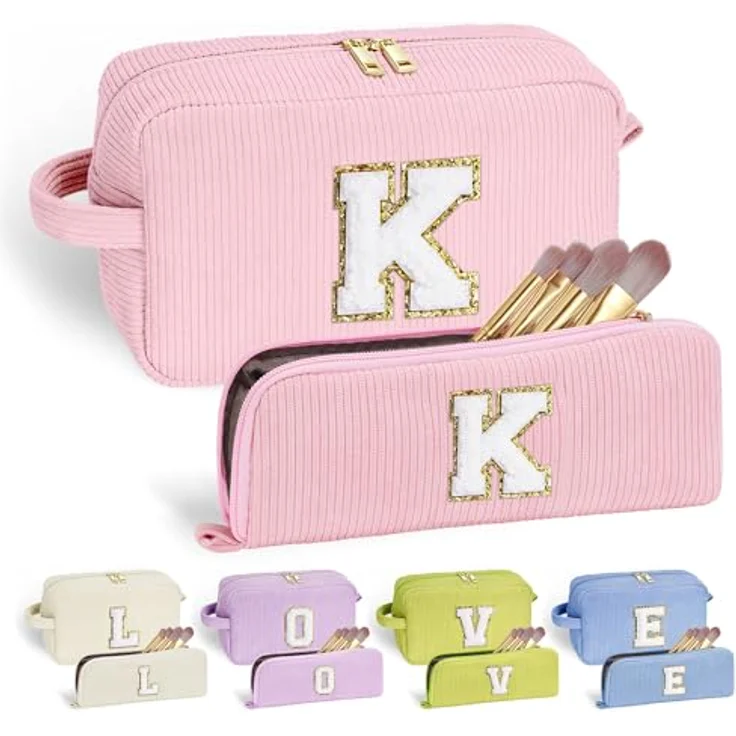 Parima Kosmetiktasche mit Buchstaben K, 2-teiliges Set in Rosa, große Make-up Tasche mit mehreren Fächern und praktischer Größe 25 x 15 x 9 cm für Reisen und Alltag – Bild 1
