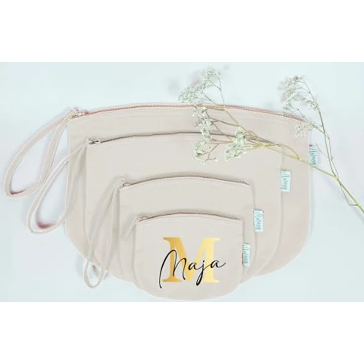 minimutz Schminktasche für Mädchen Beige, personalisierte Kosmetiktasche mit Initiale und Namensdruck, Ordnungshüter, M (19 x 17 cm) – Bild 2
