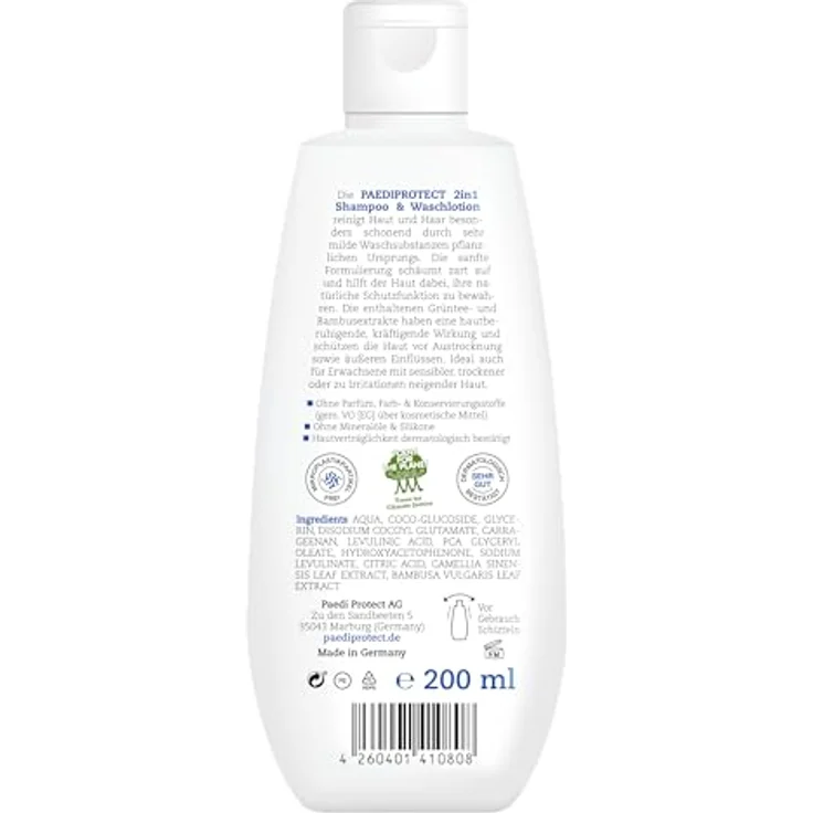 PAEDIPROTECT 2in1 Shampoo & Waschlotion für Babys & Kinder 200 ml, sanfte Reinigung & Haar ohne Parfüm & Mikroplastik, Duschgel spendet Feuchtigkeit für trockene, sensible Haut auch Erwachsene – Bild 2