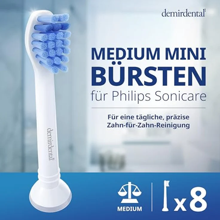 Demirdental 8er-Pack Mini Aufsätze für Philips Sonicare Zahnbürstenaufsatz ProResults, auch für DiamondClean FlexCare EasyClean HealthyWhite, HX6028 Ersatzbürsten designed in Berlin, Medium Härtegrad – Bild 3
