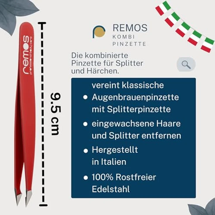 remos professional body care REMOS Kombipinzette 2in1 für Splitter & Haare, rostfreier Edelstahl, 9.5 cm, rot – Bild 2
