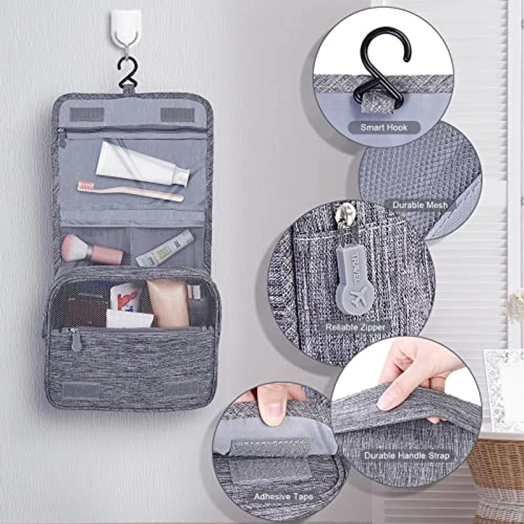 AiQInu Kulturbeutel zum Aufhängen, Kulturtasche Unisex Faltbare Waschtasche Kosmetiktasche Reisezubehör mit Haken für Damen und Herren – Bild 4