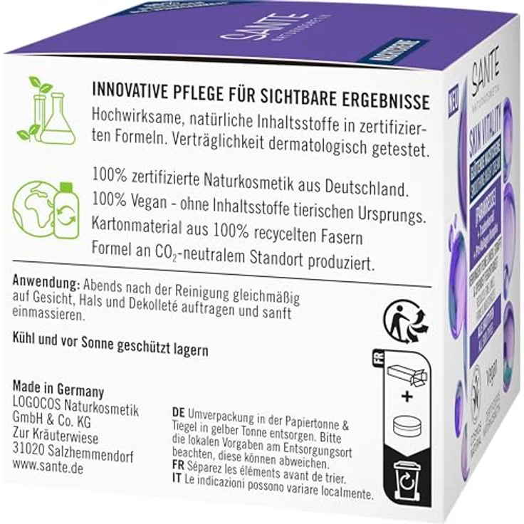 SANTE Naturkosmetik Face Skin Vitality Nachtcreme, regenerierende Anti-Falten Pflege mit Parakresse, Traubenkernöl & Pro-Kollagen, 50ml – Bild 3
