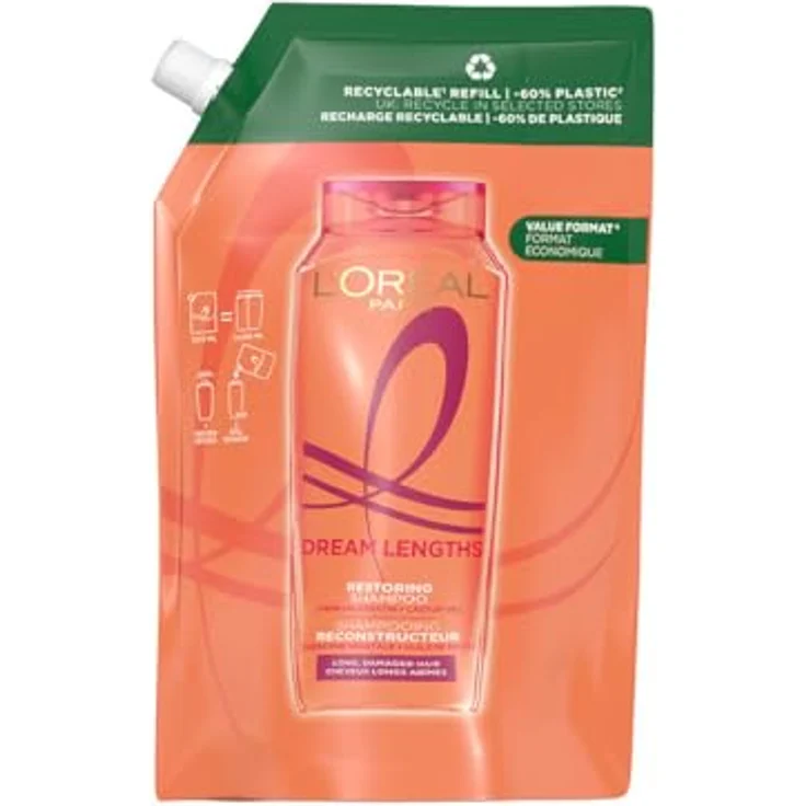 L'Oreal Paris ELVIVE DREAM LONG Reconstructive Shampoo Eco Pack, 500 ml, für alle Haartypen - reduziert Spliss und stärkt zerbrechliche Längen mit 60% weniger Plastikverbrauch