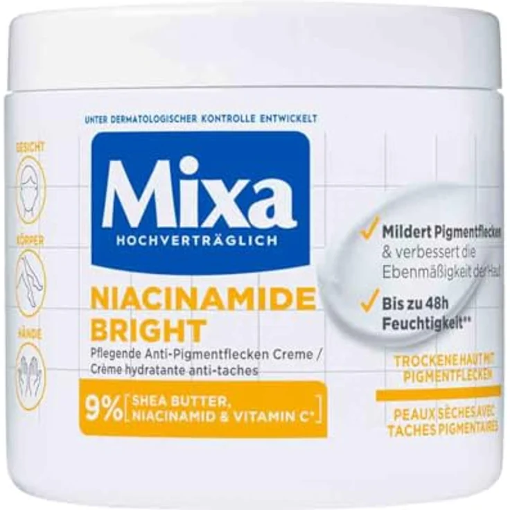 Mixa Niacinamide Bright Creme Körpermilch, Mildert pigmentierte Flecken, versorgt trockene Haut, 400 ml – Bild 1