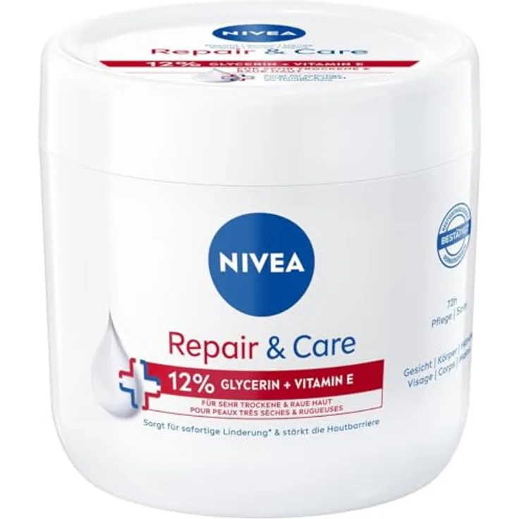 NIVEA Repair & Care Creme, feuchtigkeitsspendende & nicht fettende Körpercreme, schnell einziehende Lotion mit Vitamin E & Glycerin, für sehr trockene & raue Haut (400 ml)