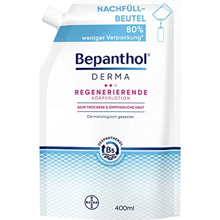 Bepanthol DERMA Regenerierende Körperlotion, Körperpflege für empfindliche und sehr trockene Haut, dermatologisch getestete Feuchtigkeitscreme mit Dexpanthenol, 400 ml Nachfüllbeutel – Bild 1