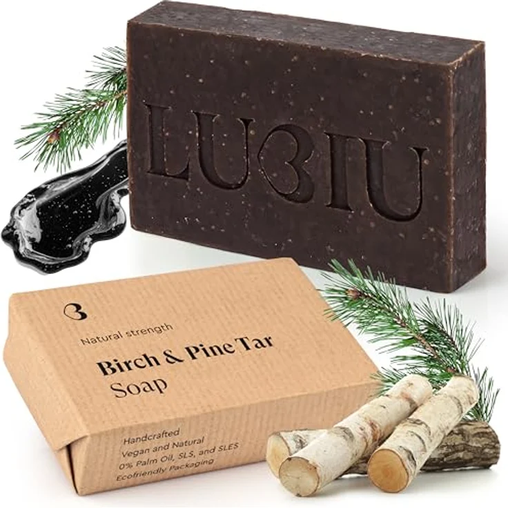 lubiu Teerseife mit Kiefernöl und Birkenteer, 100g – Handgemachte 3in1 Duschseife für Männer (Körper, Haare & Bart), reinigt gründlich und pflegt die Haut – Bild 1