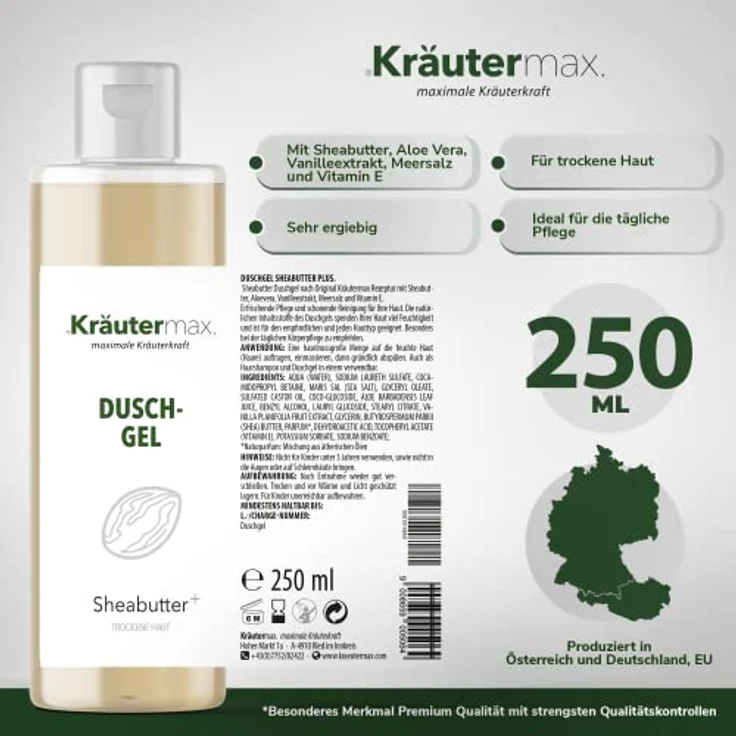 Kräutermax. Sheabutter Duschgel Naturkosmetik für Haare und Haut Natürlich, 250 ml – Bild 4