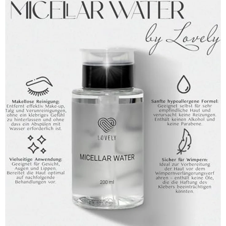 Lovely Mizellenwasser 200 ml, Gesichtsreinigung für Wimpernverlängerung, hypoallergen, mit praktischem Pump-Spender – Bild 2