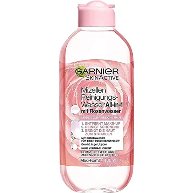 Garnier All-in-1 Mizellen Reinigungswasser mit Rosenwasser für einen besonderen Glow, Make up Entferner und Gesichtsreinigung für empfindliche Haut, Skin Active, 1 x 400 ml