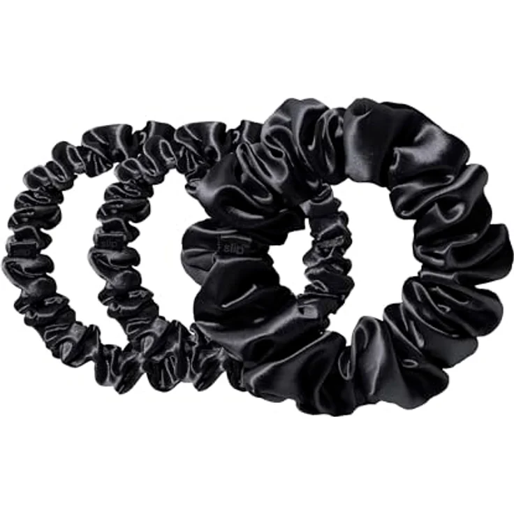 SLIP Silk Back to Basics 3-teiliges Haargummi-Set aus Maulbeerseide - Haarschonende Zopfgummis gegen Haarbruch - 2 x Scrunchies Mittel, 1 x Groß - Schwarz – Bild 2