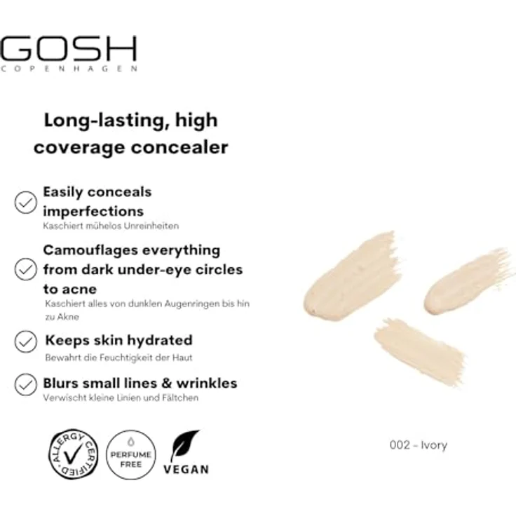 GOSH Concealer High Coverage 002 Ivory, Flüssig Concealer mit hoher Deckkraft für Augenringe, Rötungen & Unreinheiten, vegan & für empfindliche Haut, langanhaltend – Bild 2