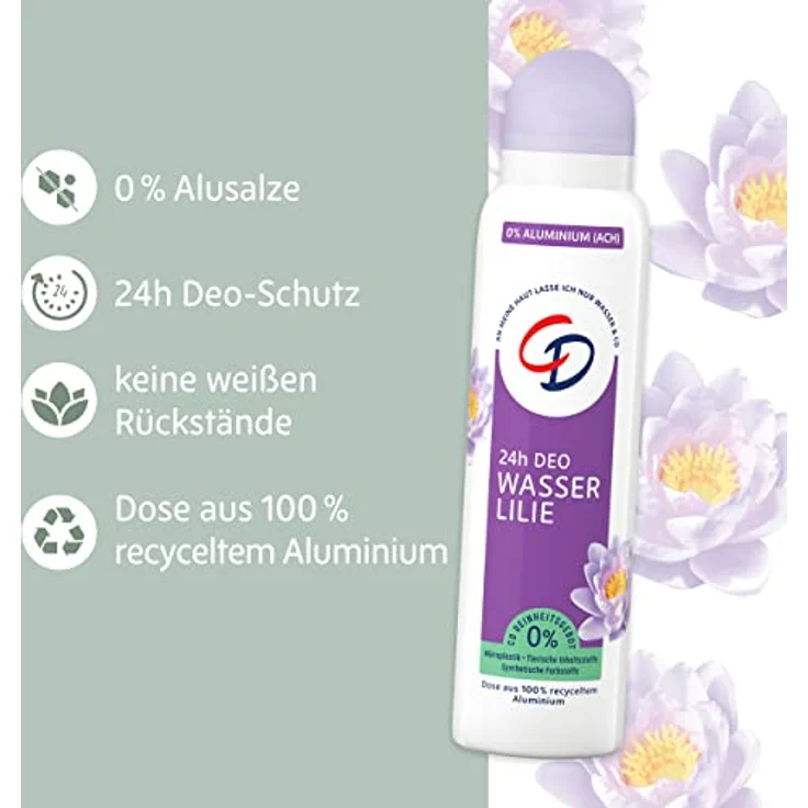 CD Deo-Spray 'Wasserlilie', 6 x 150 ml, Deodorant ohne Aluminiumsalze, langanhaltender Schutz für 24 h, für empfindliche Haut geeignet, vegane Körperpflege – Bild 4
