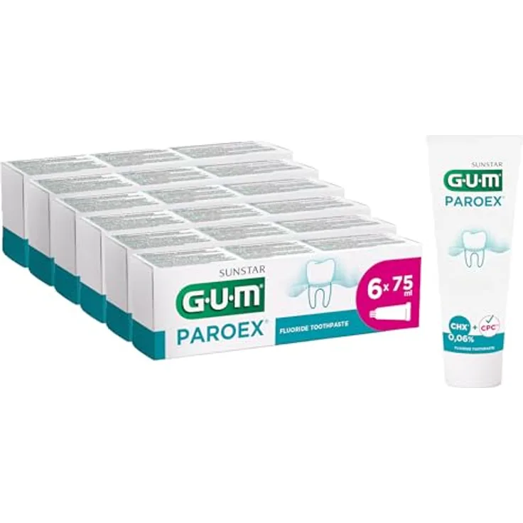 GUM PAROEX 0,06% Zahnpasta, fortschrittliche Zahnfleischpflege mit Zweifach-Antiplaque-System, beruhigt empfindliches Zahnfleisch, 6 x 75ml