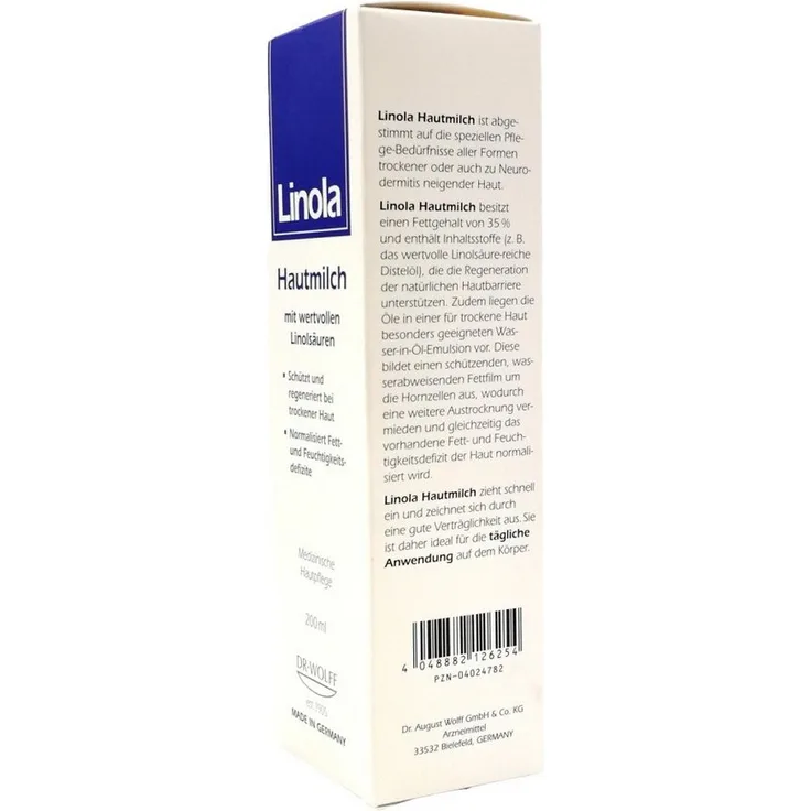 Linola Hautmilch, Feuchtigkeitscreme für trockene und empfindliche Haut, 200 ml
