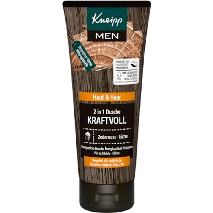 Kneipp MEN 2 in 1 Dusche Kraftvoll, belebendes Duschgel für Haut und Haar, harmonischer Duft mit warmen und holzigen Noten, Zedernholzöl und Eichenextrakt, 200ml
