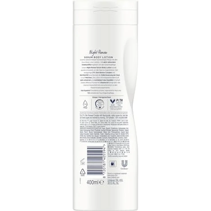 Dove Body Love Serum Body Lotion Night Renew Haut- und Körperpflege mit 21% Skin Renew Complex 400 ml, regeneriert die Haut und spendet bis zu 72 Stunden Feuchtigkeit, 100% recyceltes Plastik – Bild 2