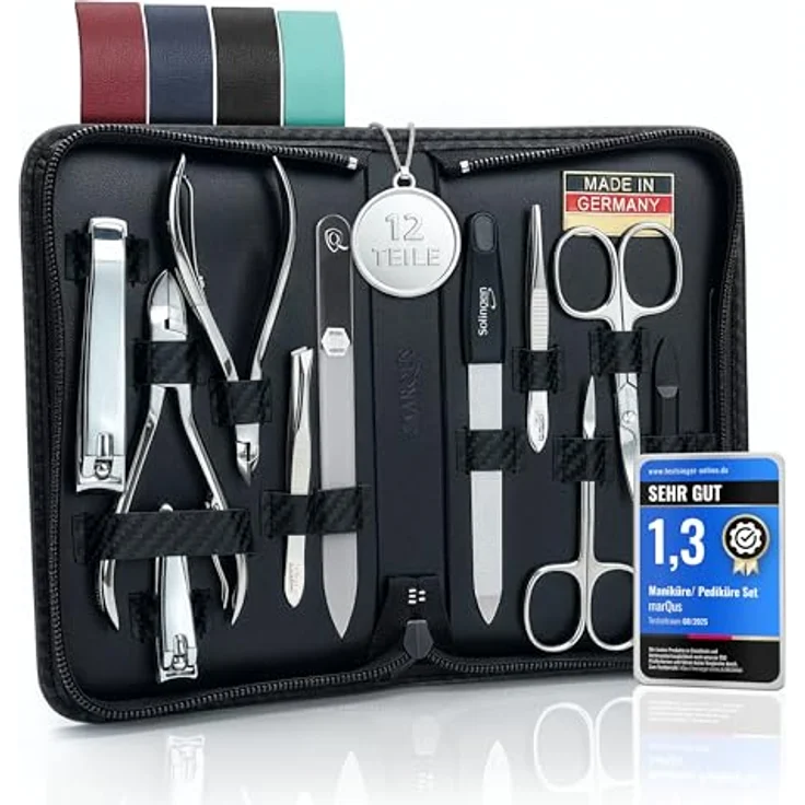 marQus Solingen Maniküre Set 12-teilig, Kunstleder Etui in Carbon mit Nagelpflegewerkzeugen für Hand- und Fußpflege, Made in Germany – Bild 1