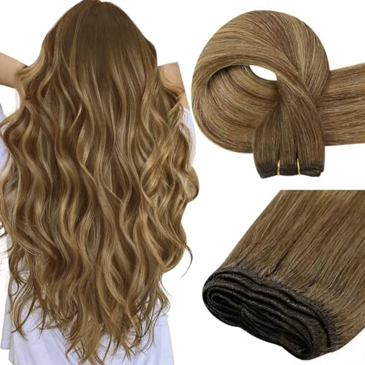 Easyouth Human Hair Bundles, Echthaar Tressen 50 cm, Mittelbraun Mix Honigblond, 100g Balayage Weft Haar Extensions – Bild 1