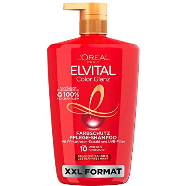 L'Oréal Paris Elvital XXL Farbschutz Shampoo für coloriertes, getöntes oder gesträhntes Haar, Mit Pfingstrosen Extrakt und UVA-/UVB- Filter, Color Glanz Pflegeshampoo, 1 x 1000 ml