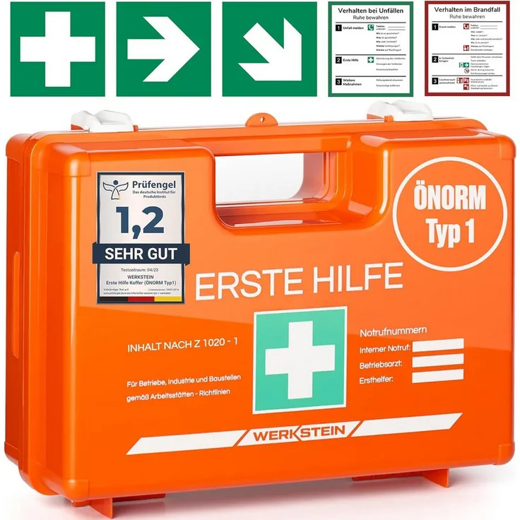 Werkstein Erste-Hilfe-Koffer ÖNORM Z1020 Typ1 - Verbandskasten inkl. praktischer Wandhalterung, (5x Aufkleber, Gesichtsmasken, Feuchttücher & Plombe, 1 St) - Erste Hilfe Koffer für Betriebe, Einrichtungen & Zuhause, blau