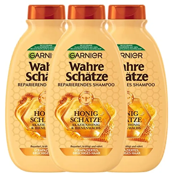 Garnier Wahre Schätze Reparierendes Shampoo Honig Schätze, kräftigt und nährt strapaziertes und brüchiges Haar, 3 x 250 ml