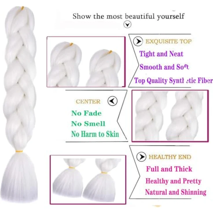 Shangxiu Braids Extensions, Kunsthaar zum Einflechten, 24 Zoll (60 cm), Yaki Gerade Textur, Weiß, 3 Stück – Bild 3