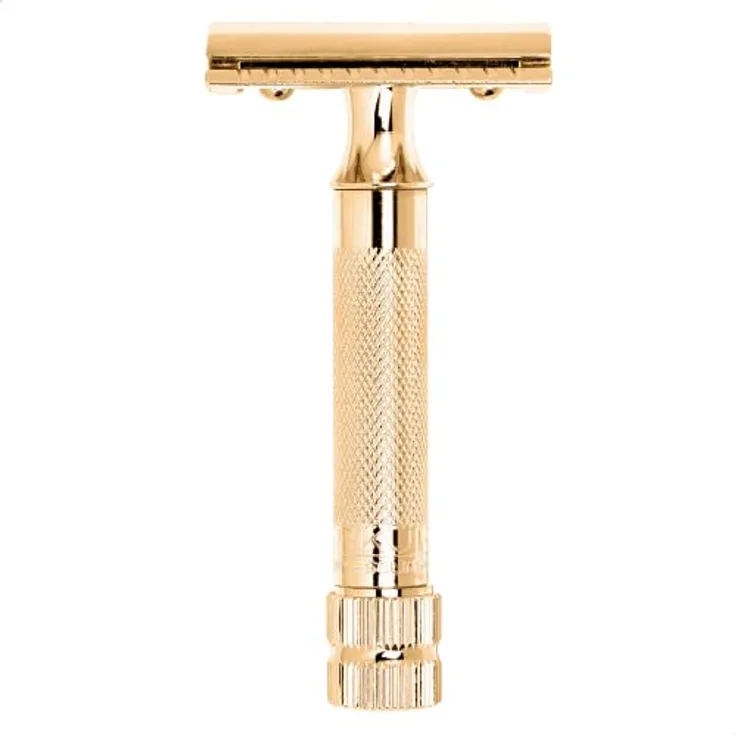 MERKUR Rasierhobel 34G | Kompaktgriff Glanzgold | Dreiteiliger Rasierer mit geradem Schnitt | Geschlossener Kamm | Ideal für Nassrasur | Zinkdruckguss | Messing Griffstück | Made in Germany - Preisvergleich