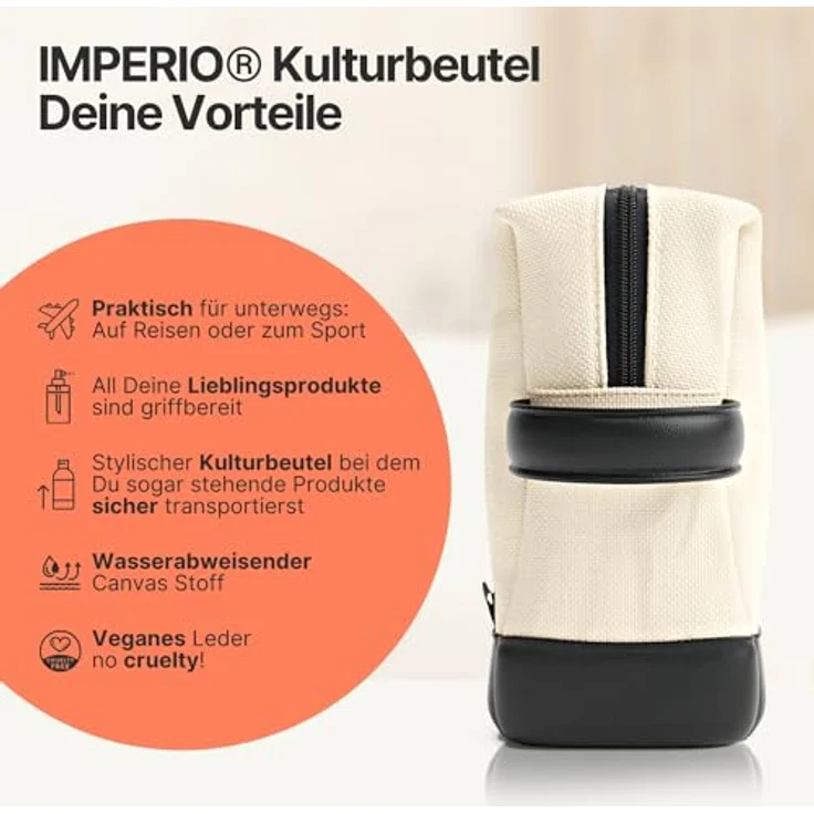 IMPERIO Kulturbeutel für Damen, Herren & Kinder, wasserdicht aus strapazierfähigem Premium Canvas & veganem Kunstleder, 5 Liter Stauraum, sandfarben – Bild 5