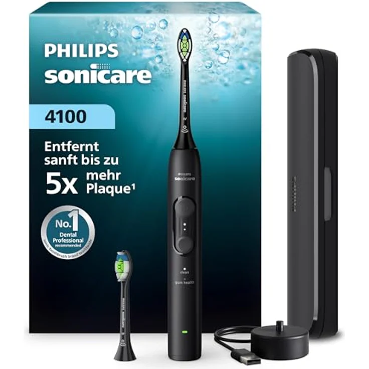 Philips Sonicare Series 4000 HX4044/52, Elektrische Schallzahnbürste mit Drucksensor, 4 Putzeinstellungen, 21 Tage Akkulaufzeit, Reiseetui, Schwarz – Bild 1