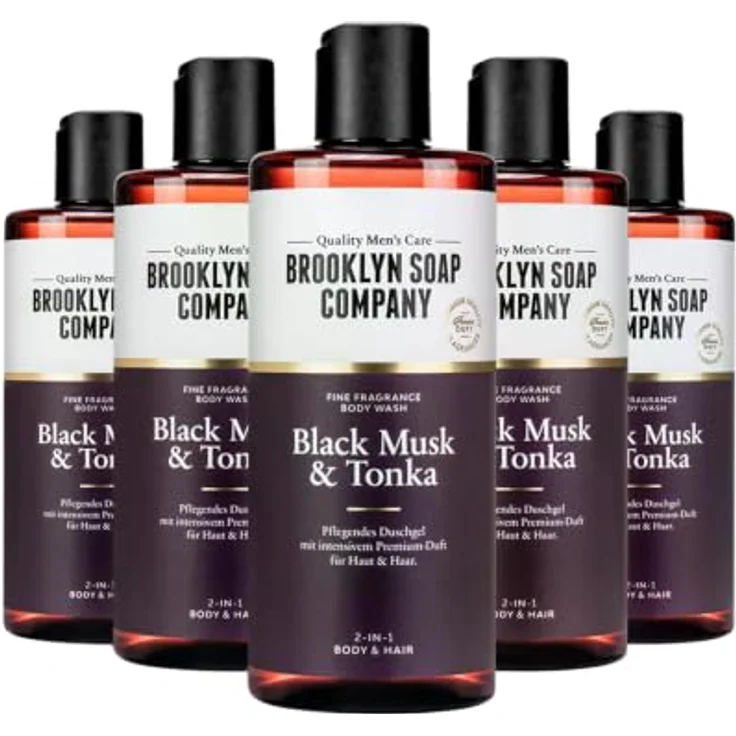 Brooklyn Soap Company Duschgel für Männer 5x300ml - 2-in-1 Body Wash mit Black Musk, Tonka und langanhaltendem Duft – Bild 1