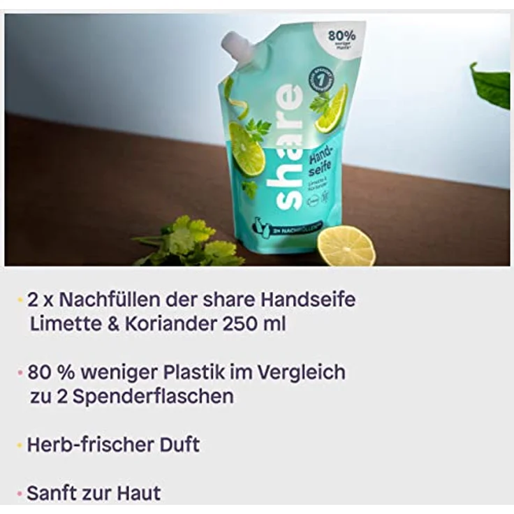 share Flüssigseife Nachfüllbeutel Limette & Koriander 500 ml – Flüssigseife spendet ein Hygieneprodukt an einen Menschen in Not – vegane Handseife im praktischen Nachfüllpack – Bild 3
