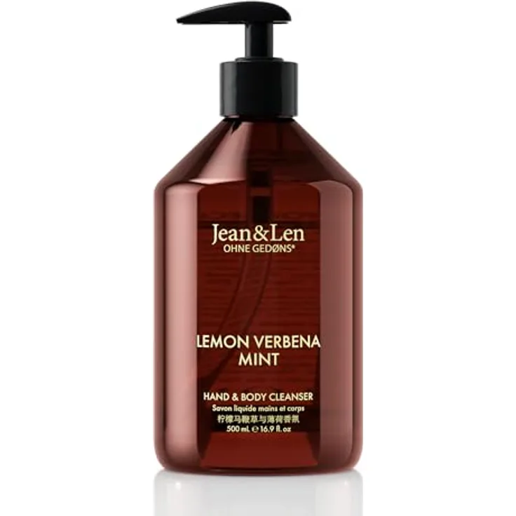 Jean & Len Hand & Body Cleanser Lemonverbena & Mint, vegane Flüssigseife, 500 ml, für normale bis trockene Haut, erfrischender Duft in hochwertiger Flasche