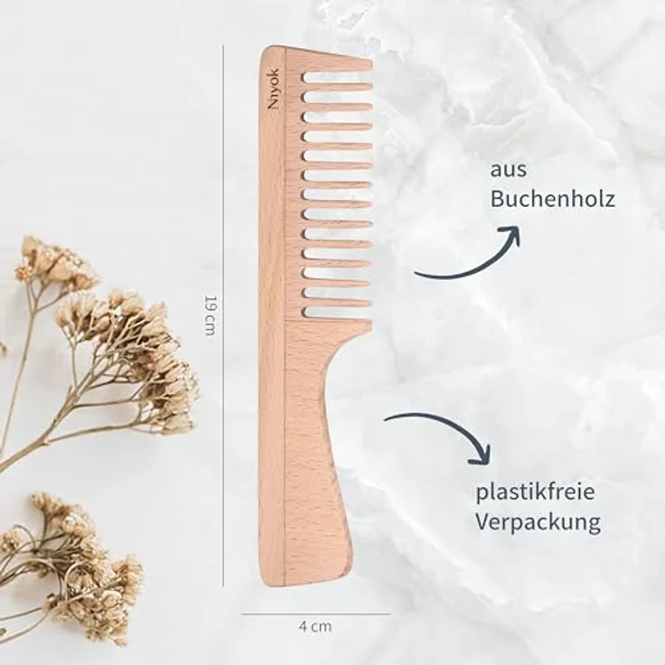 Niyok® Holzkamm mit Griff • Nachhaltiger Buchenholz Kamm für alle Haartypen • 19cm mittlere Zahnung • Antistatisch, umweltfreundlich & vegan – Bild 2
