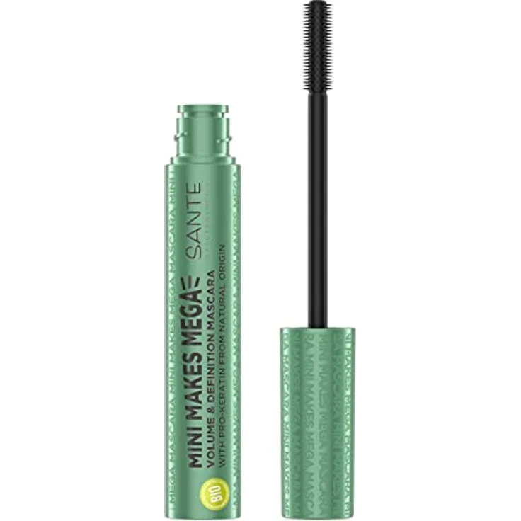 SANTE Naturkosmetik Wimperntusche flexibler Gummi Bürste, Mascara für verlängerte und voluminöse Wimpern, Mit Pro-Keratin gegen Haarbruch, Mini Makes Mega Mascara, Farbton: Black 01, 1 x 8 ml