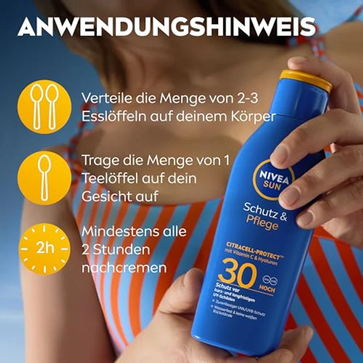 NIVEA SUN Schutz & Pflege Sonnenlotion LSF 30, wasserfester Sonnenschutz mit Vitamin C & Hyaluron, 48h Feuchtigkeit, ohne weißen Film, 200 ml – Bild 5