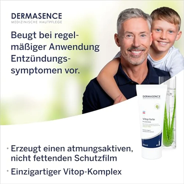 DERMASENCE Vitop forte Pflegecreme, 200 ml - Hautschützende Basispflege bei trockener und zu Neurodermitis neigende Haut - Entzündungen vorbeugend mit Färberwaid und Aloe Vera – Bild 4