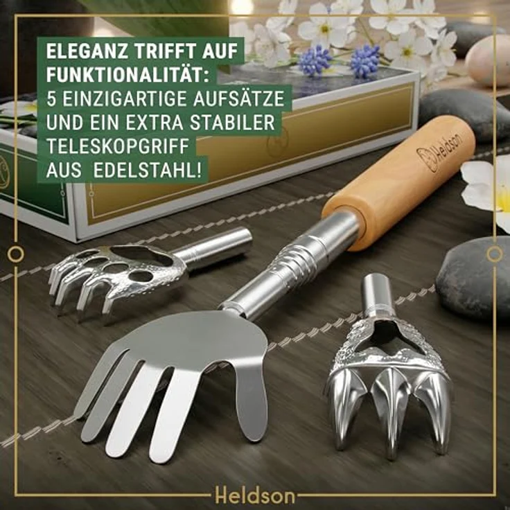 HELDSON® Rückenkratzer Holz, stufenlos ausziehbar bis 73 cm, inkl. 5 Kratzaufsätzen, mit Rückenreflexzonenkarte, Geschenk für Senioren, Frauen & Männer – Bild 3