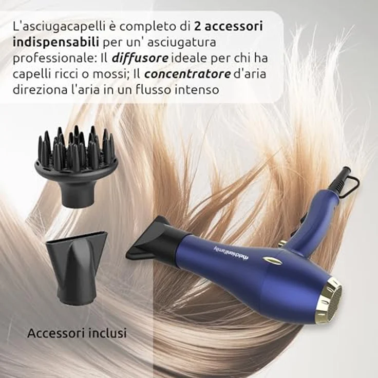 Melchioni PLATINUM STYLE Haartrockner, 2300W mit Auto-Abschaltung, 2 Geschwindigkeitsstufen, Kaltluftfunktion, Diffusor und Konzentrator – Bild 5