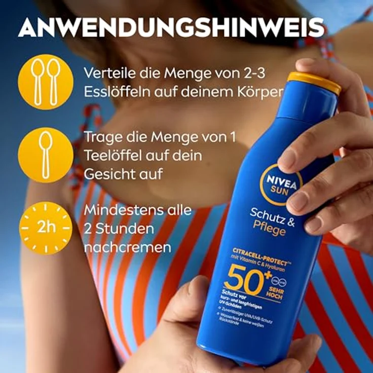 NIVEA SUN Schutz & Pflege Sonnenlotion LSF 50+, wasserfester Sonnenschutz mit Vitamin C & Hyaluron, 48h Feuchtigkeit ohne weiße Rückstände, 200 ml – Bild 5
