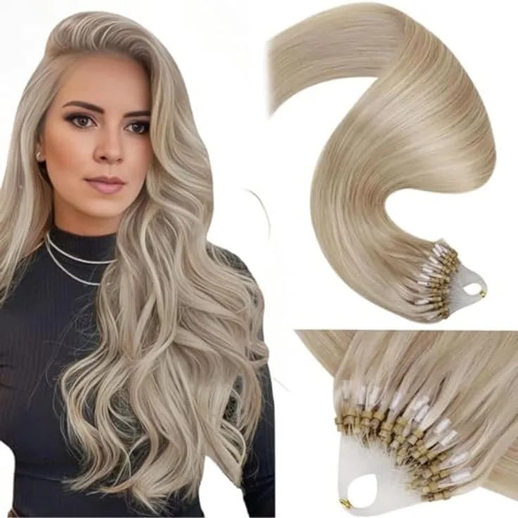 LaaVoo Microring Extensions, Echthaar Haarverlängerung in Aschblond Highlighted Blond, 50g, 35cm, Remy Bondings #P18/613
