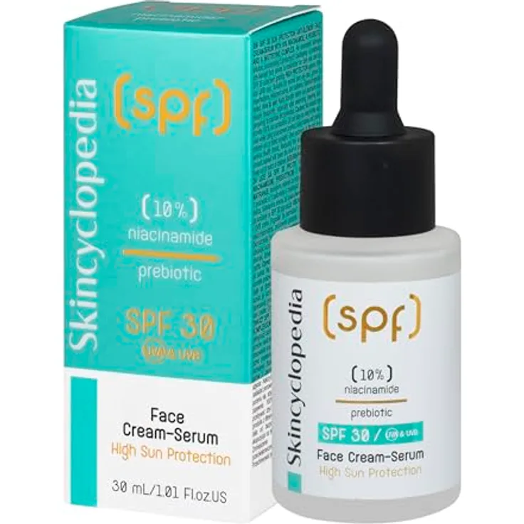Skincyclopedia Sonnenschutz Gesichtsserum LSF 30, Anti Pickel Serum mit 10% Niacinamide, breitspektraler UVA/UVB Schutz, leicht und schnell einziehend, 30ml